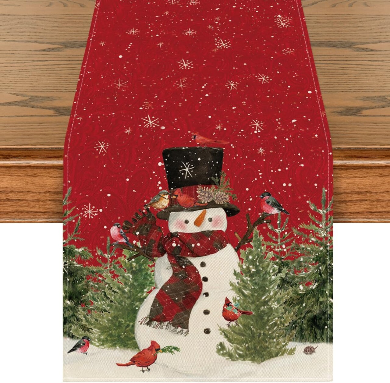 Snowman Christmas Birds Trees Table Runner, Seasonal Winter Xmas Holiday Kitchen Dining Table Decoration for Indoor Outdoor Home Party Decor